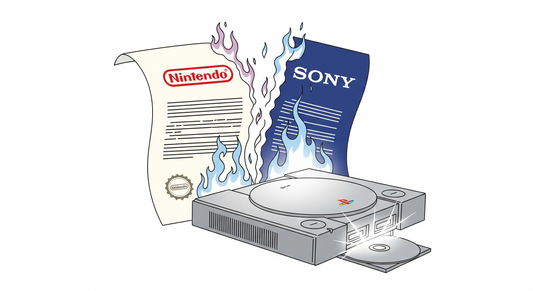 Symbolic illustration of the PlayStation console rising from the ashes of a torn Nintendo and Sony contract, representing its birth from a betrayed partnership.