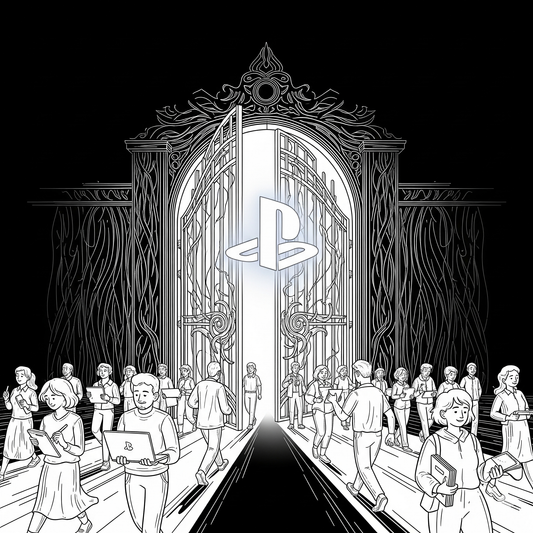 A line art illustration of game creators walking towards an open gate with the PlayStation logo, symbolizing Sony's developer-friendly strategy that fueled its success.