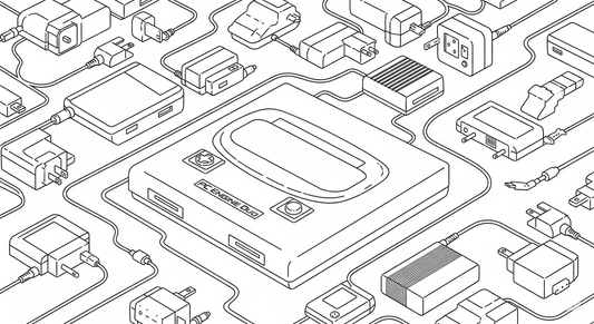 Symbolic illustration showing a PC Engine Duo console entangled in cables, representing its complex and fragmented hardware ecosystem.