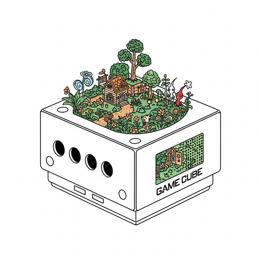 A line art illustration of a miniature world growing from a GameCube, symbolizing its legacy of intimate and detailed "miniature garden" games like Animal Crossing.