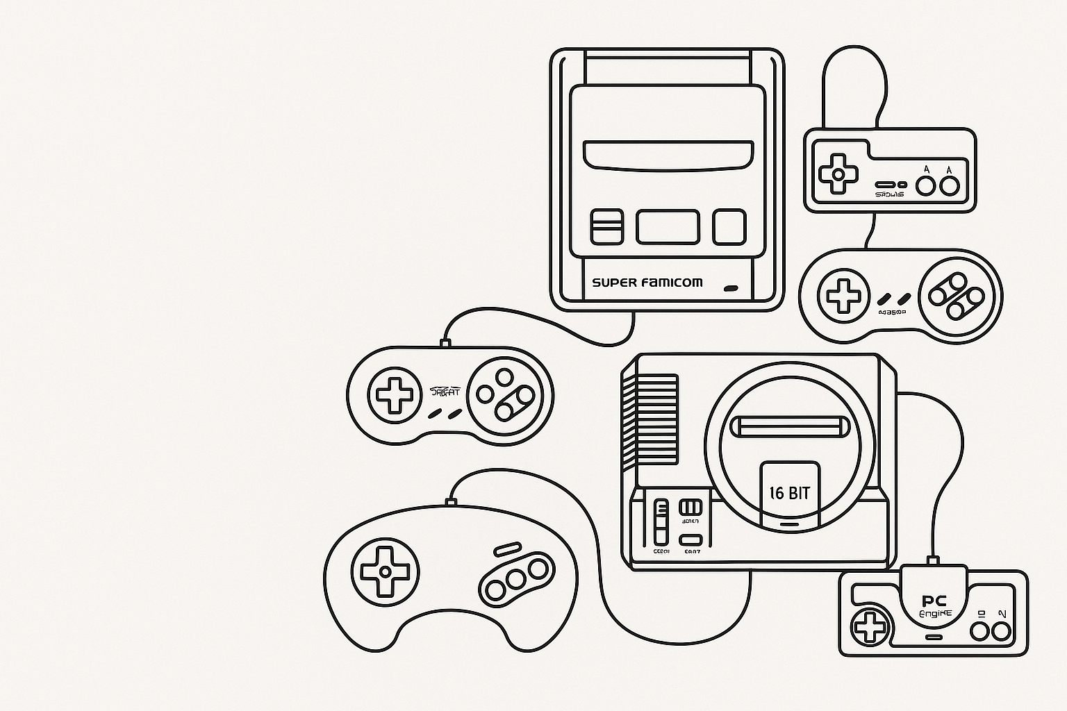 Illustration showing Super Famicom and Mega Drive consoles linked to controllers alongside a PC Engine pad.