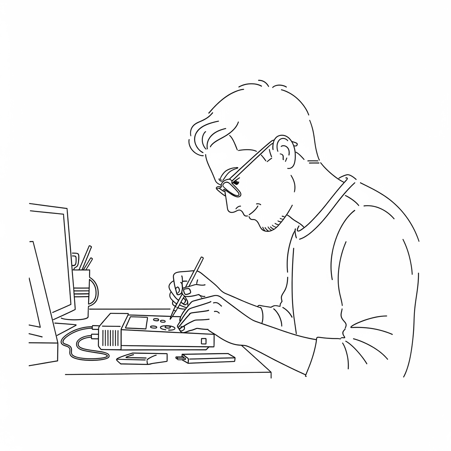 Shopkeeper repairing a handheld retro game console at his workbench beside a computer monitor.