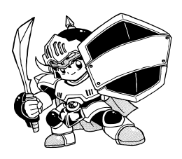 Monochrome illustration of Max, the mascot character of Enjoy Game Japan, smiling while holding a sword and shield.