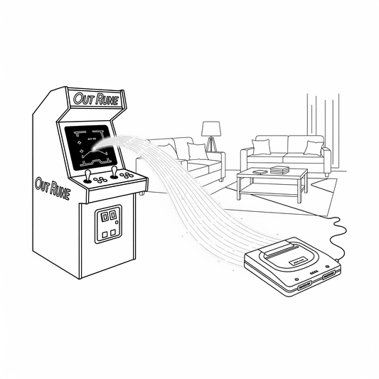 A line art illustration showing a path of light from a Sega arcade machine to a Mega Drive, symbolizing its mission to bring the arcade experience home.