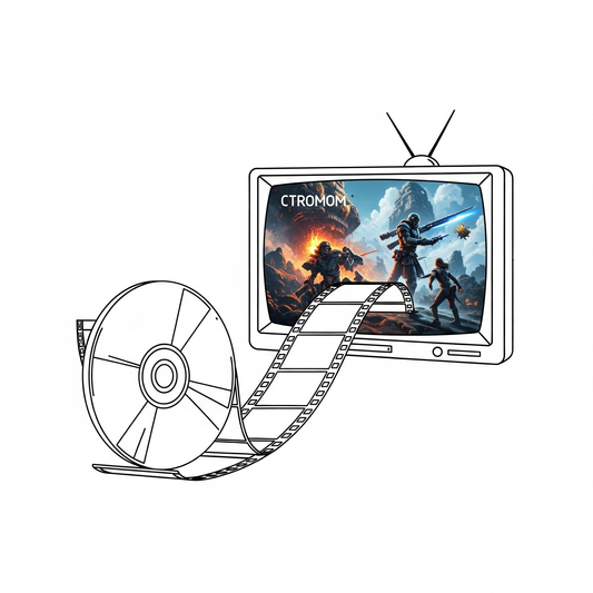 A line art illustration of a CD-ROM unwinding like a film reel, symbolizing how the PlayStation turned game stories into cinematic, immersive experiences.