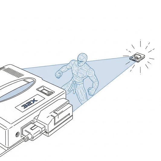 Illustration: A line art illustration of a Mega Drive projecting a 3D image towards a Sega Saturn, symbolizing Sega's constant, ambitious focus on the future.