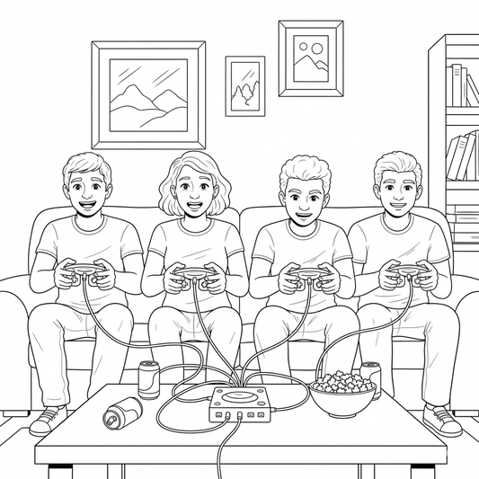 A line art illustration of friends playing together on a couch, symbolizing the "real experience" of local multiplayer that defined the GameCube's true legacy.