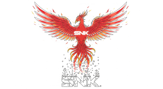 Symbolic illustration of the SNK logo being reborn like a phoenix from the ashes of its old, crumbling form, representing the company's revival from bankruptcy.