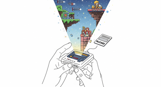 Illustration showing the immense power of the tiny PC Engine console, projecting a vibrant game world from its small body.