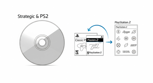 Symbolic illustration of a blueprint for the PlayStation 2, detailing its three-pronged strategy of DVD playback, backward compatibility, and third-party software.