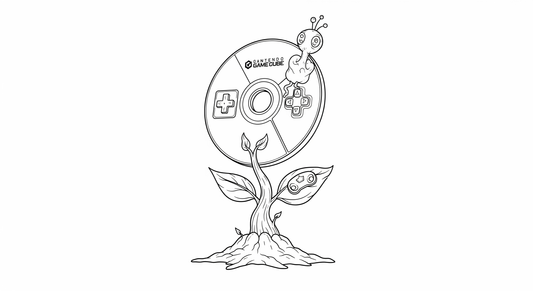 A line art illustration of a GameCube disc sprouting like a seed, symbolizing the wonderfully weird and original new game franchises that were born on the console.