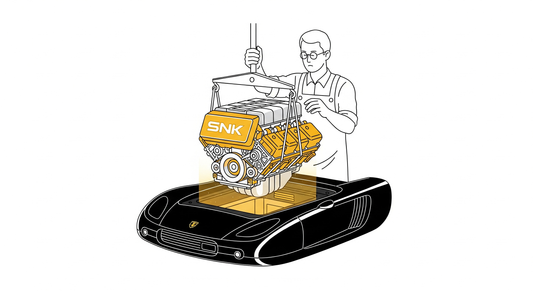 Symbolic illustration of a craftsman putting a powerful SNK engine into a console chassis shaped like a luxury car, representing the Neo Geo's 'no compromises' design philosophy.