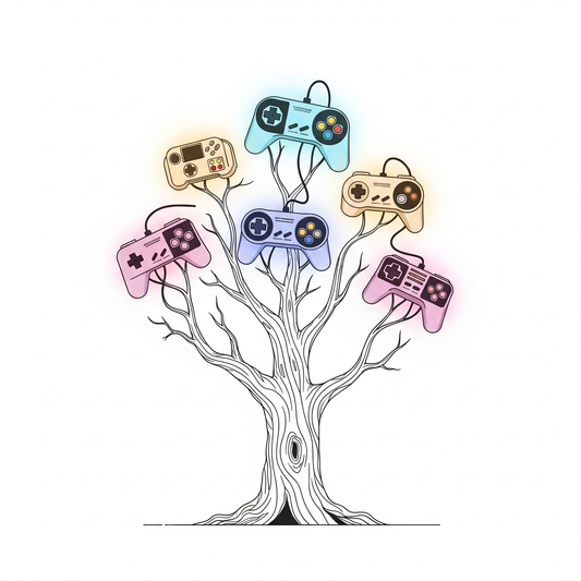 A line art illustration of a withered tree sprouting new game controllers, symbolizing Gunpei Yokoi's philosophy of 'Lateral Thinking with Withered Technology'.