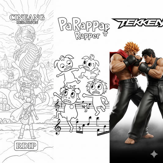 A three-panel line art illustration showing the diverse legacy of the PlayStation: cinematic RPGs, creative rhythm games, and 3D fighting games.