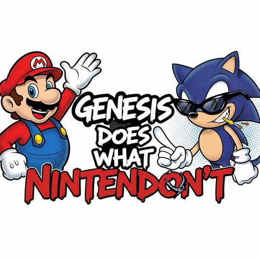 A pop-art style illustration of Sonic vs. Mario with the slogan 'Genesis does what Nintendon't', symbolizing Sega's aggressive marketing during the 16-BIT console war.