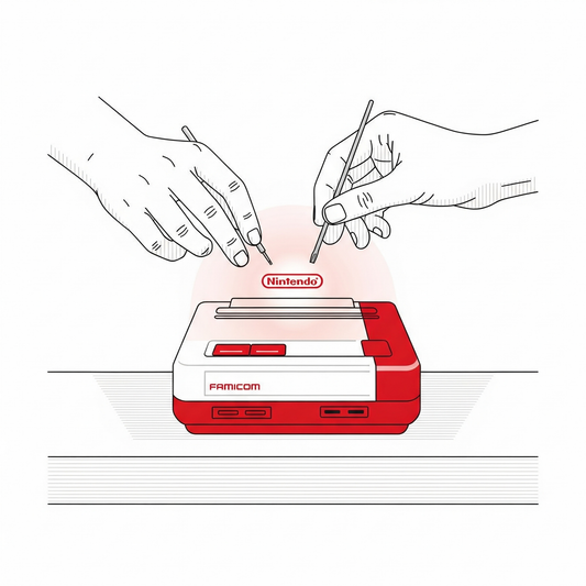 Illustration: A line art illustration of a Famicom being repaired, symbolizing Nintendo's integrity and commitment to quality during the initial product recall.