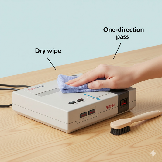 Console Care 101 — 1) Exterior Cleaning (Dry → Spot Wipe)