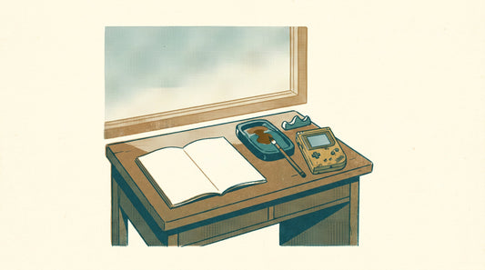 A quiet Japanese writing desk with ink-stone, brush, and a handheld game console — evoking tsurezure, contemplative idleness
