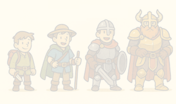 An illustration features four stages of fantasy adventurers lined up: a novice wielding a dagger, a traveler carrying a staff, a knight with sword and shield, and a horned-helmet warrior.