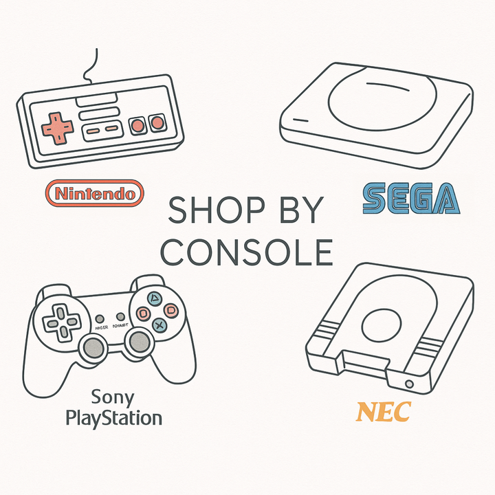 Illustration showing four console brands: a Nintendo controller, a Sega console, a Sony PlayStation controller, and an NEC PC Engine, around the text “Shop by Console.