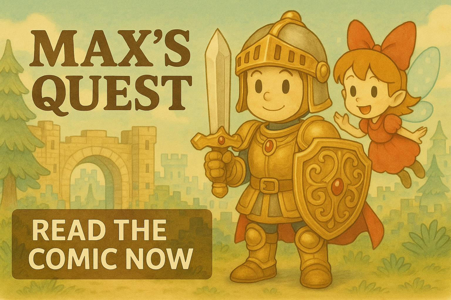 Illustration of MAX, a smiling young knight in golden armor with a sword and shield, alongside a cheerful fairy. Banner title reads “MAX’S QUEST,” promoting the manga series.