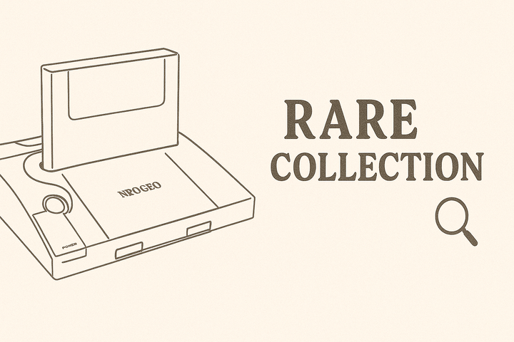 Minimalist illustration of a rare Neo Geo console with a game cartridge inserted, next to the text “RARE COLLECTION” and a small magnifying glass icon.