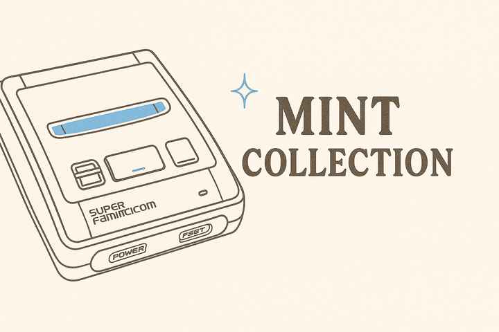 Minimalist illustration of a mint-condition Super Famicom console accented with a sparkle next to the text “MINT COLLECTION”.