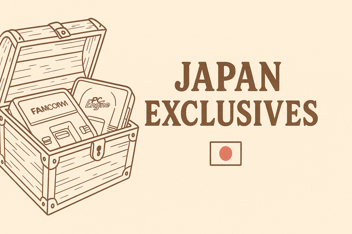 Treasure chest filled with Japanese-exclusive game cartridges, including Famicom and PC Engine, beside the text “JAPAN EXCLUSIVES” and a small Japanese flag icon.