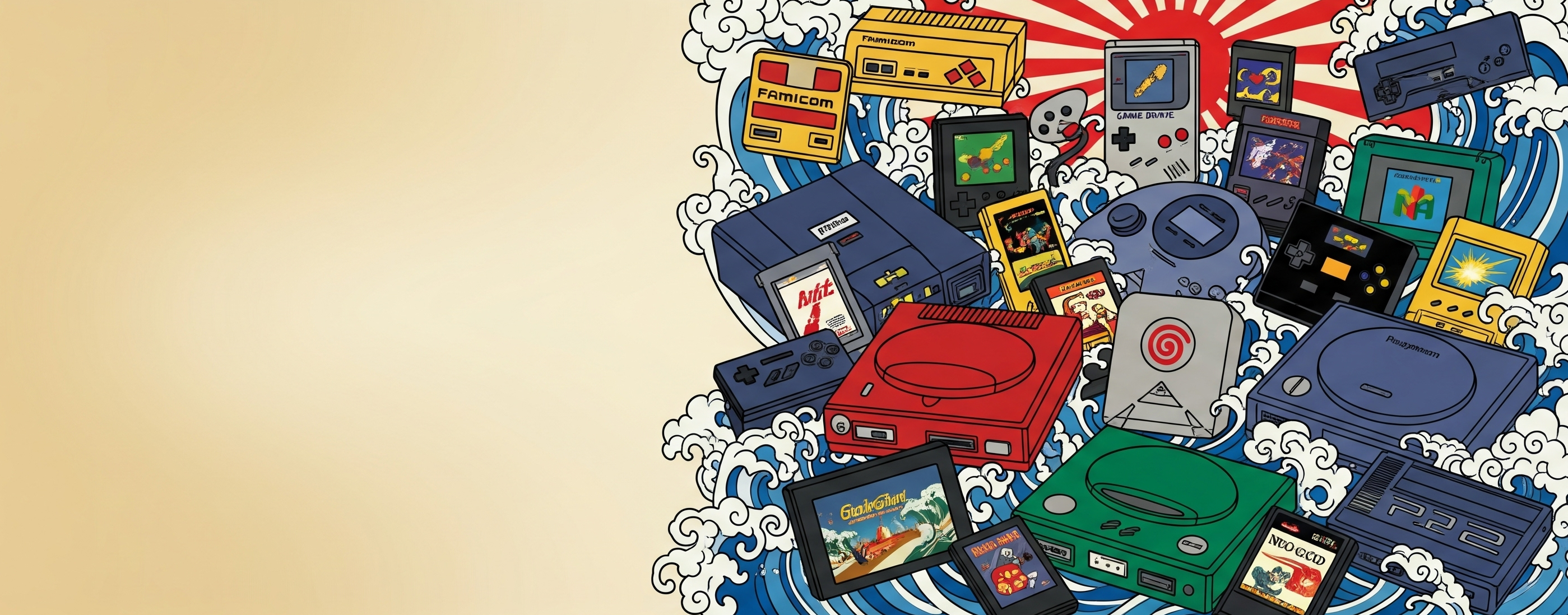 Illustration showing Super Famicom and Mega Drive consoles linked to controllers alongside a PC Engine pad.