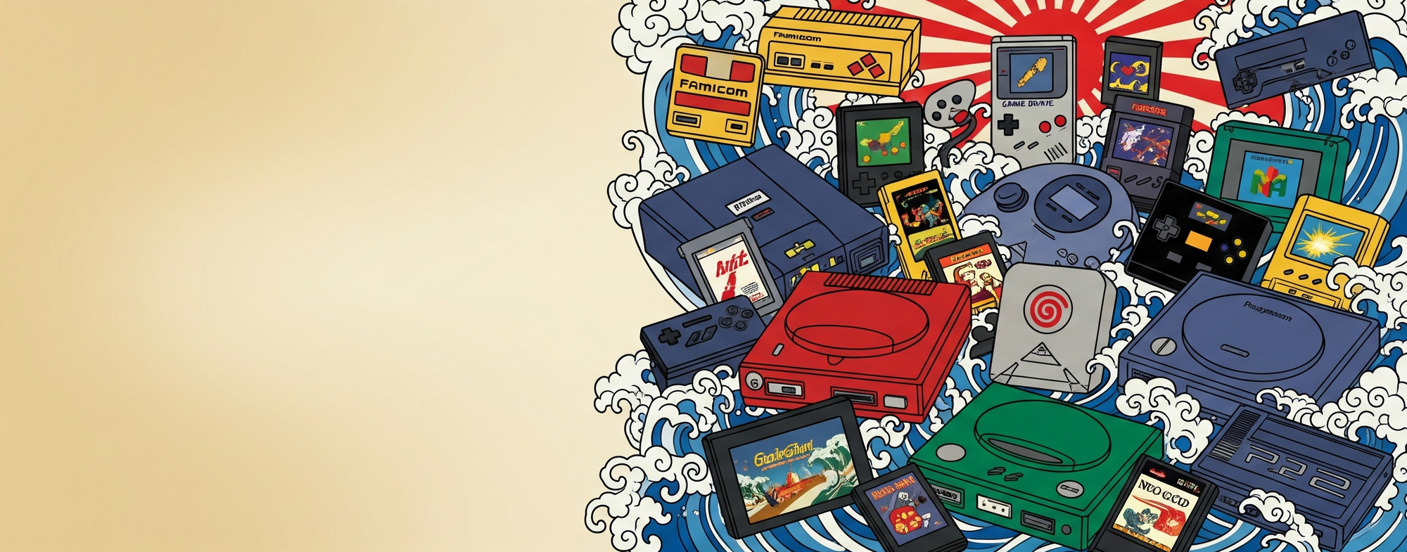 Illustration showing Super Famicom and Mega Drive consoles linked to controllers alongside a PC Engine pad.