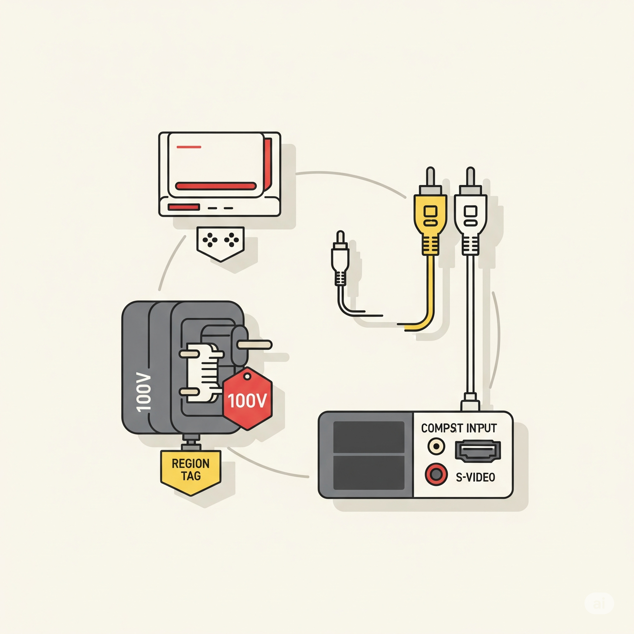 A diagram showing how to connect a Famicom console to a modern TV. The diagram illustrates a Famicom console at the top, a 100V voltage transformer to its left, and an AV converter box at the bottom. A cable connects the Famicom to the transformer, and another connects the transformer to the AV converter. An AV cable connects the converter to the TV. The transformer has a "100V" tag, and the Famicom has a "Region Tag" to indicate the importance of region and power compatibility. The diagram is captioned "Co