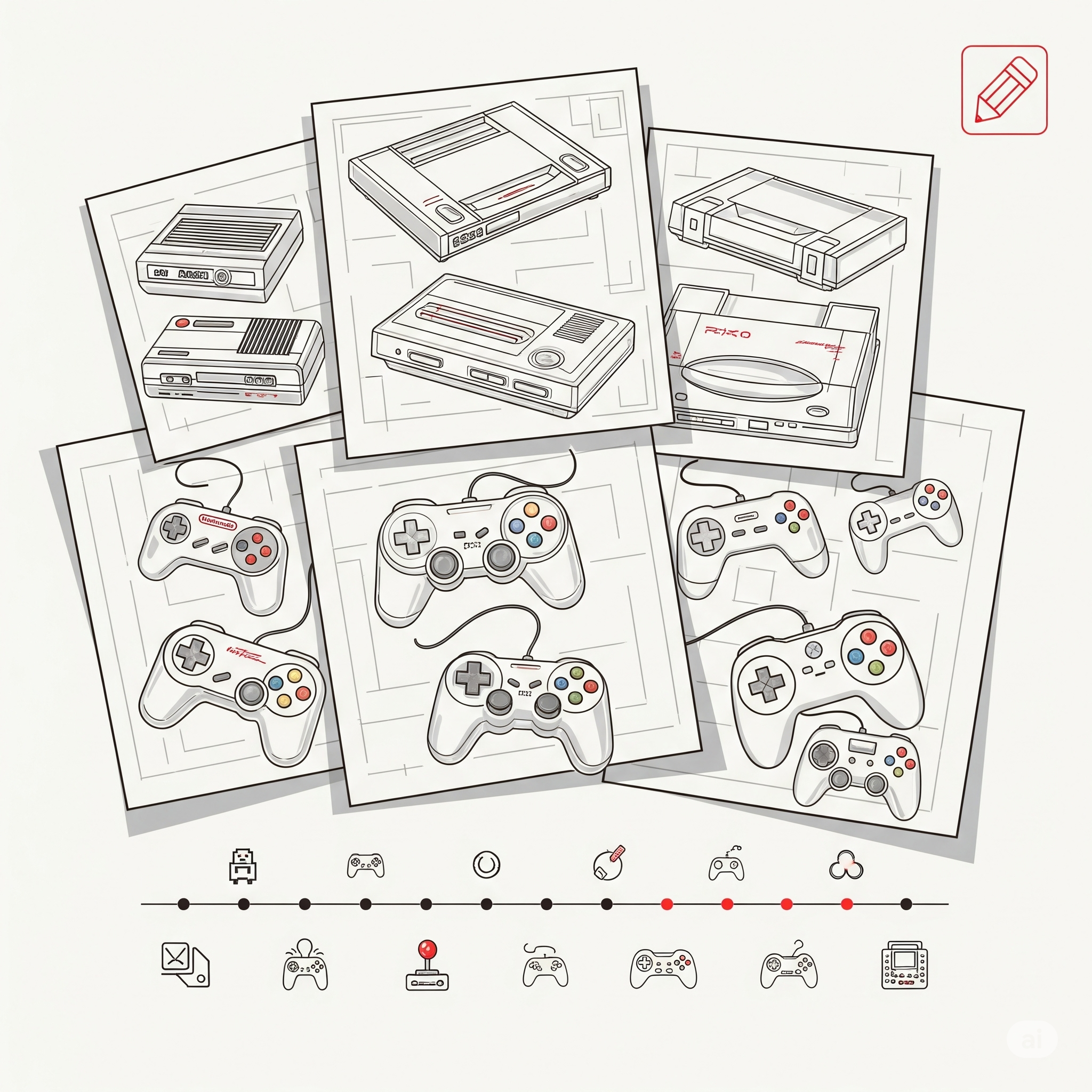 Sketch-style sheets of classic game consoles and controllers with a small timeline below — Console History series from a family shop since 1985.