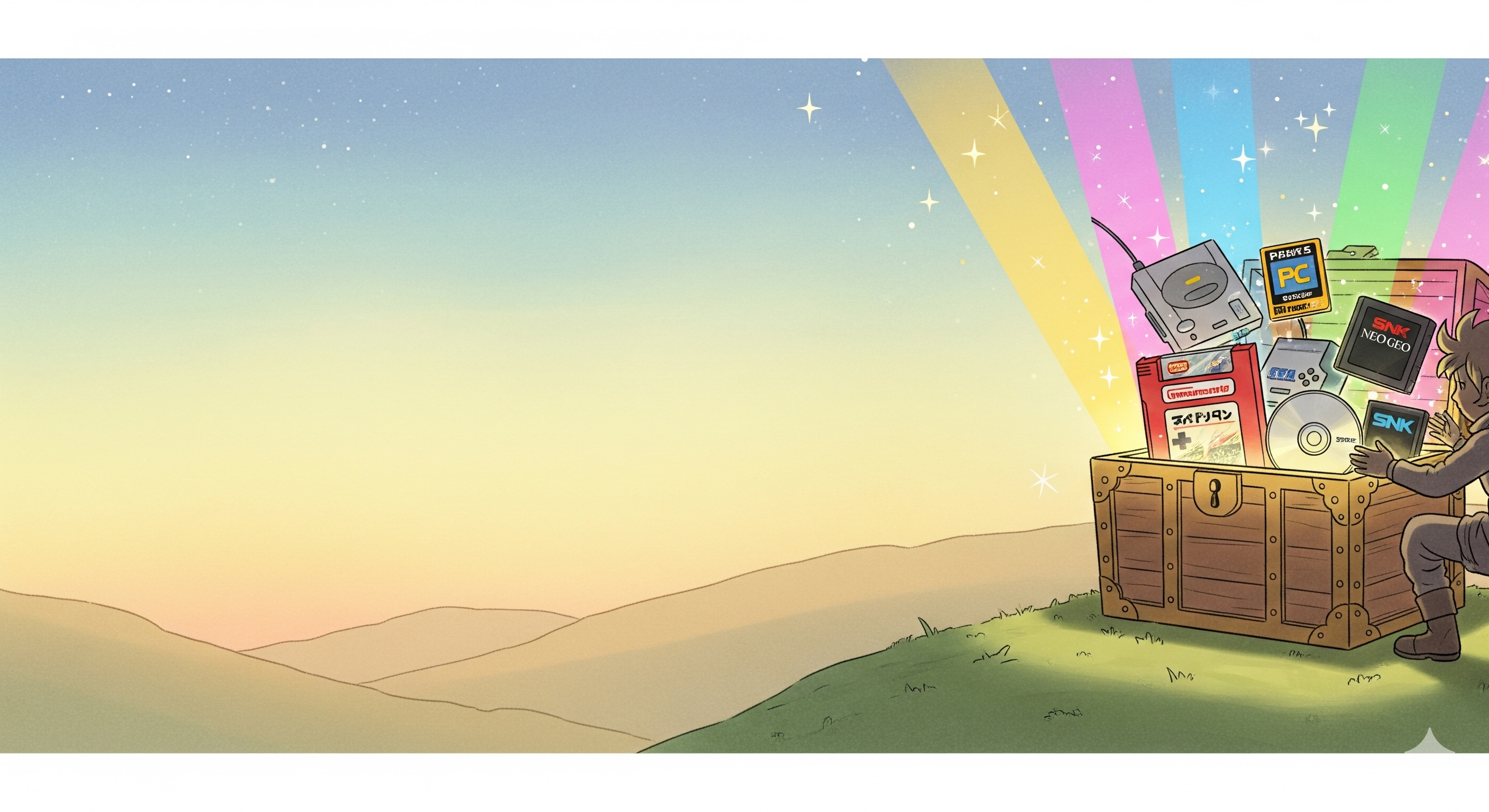 Illustration of an open wooden treasure chest with multicolored light beams bursting outward.