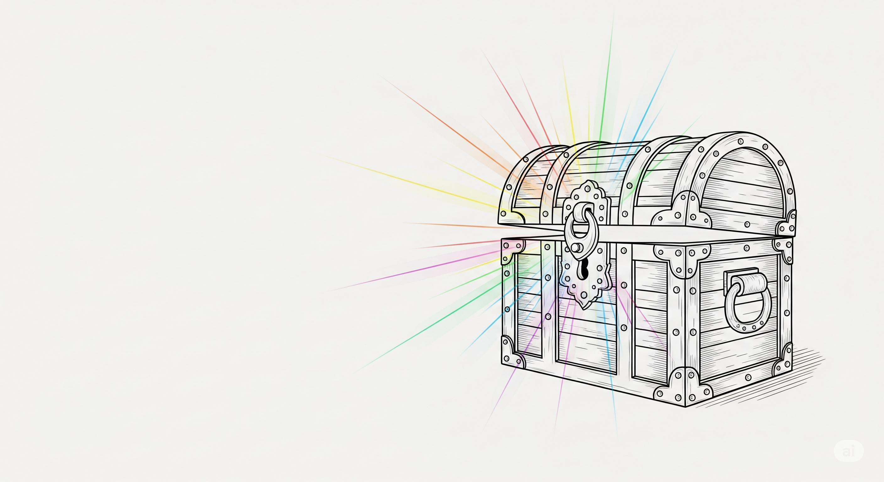 Illustration of an open wooden treasure chest with multicolored light beams bursting outward.