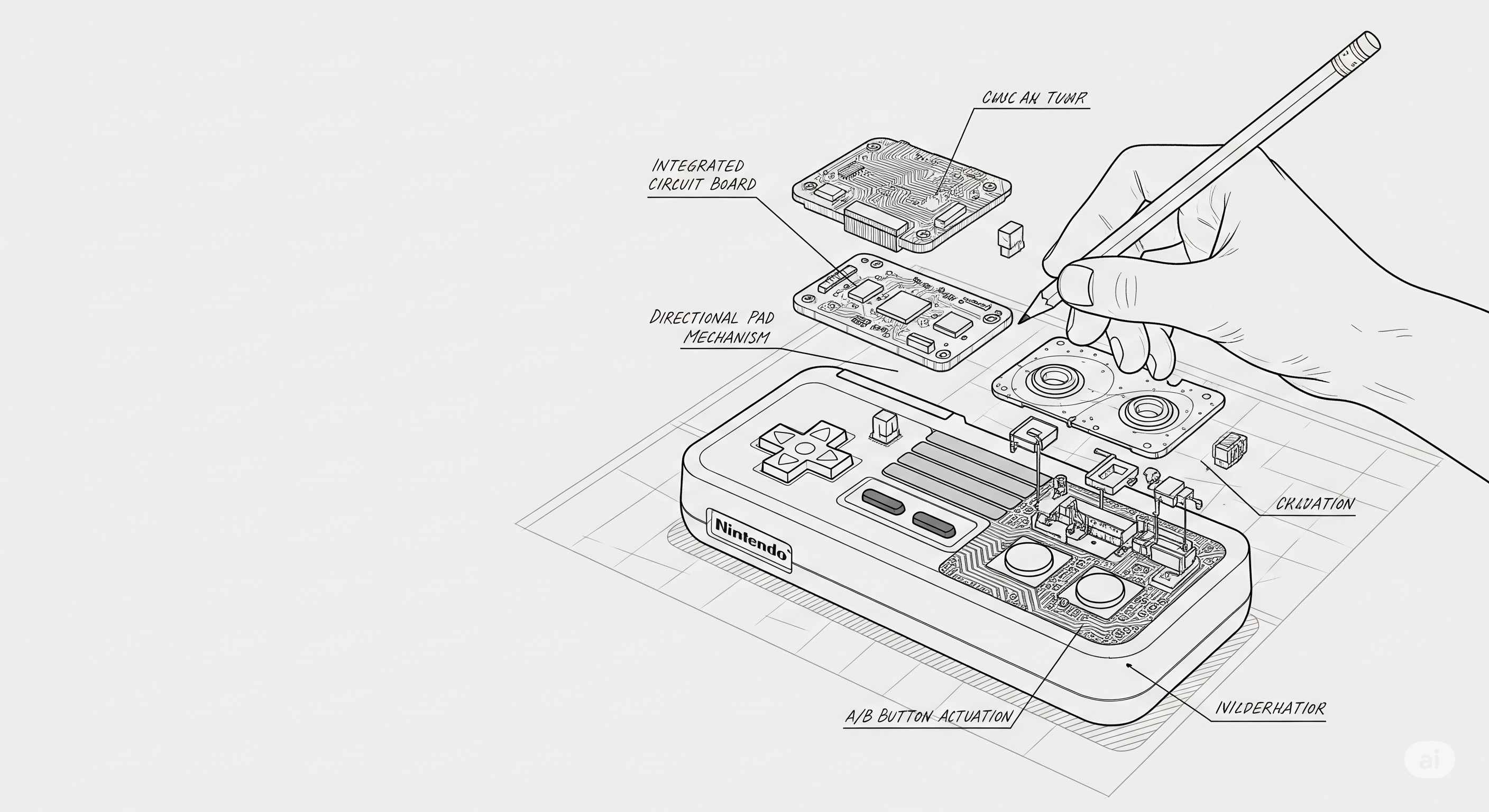 Exploded technical drawing of a handheld game console showing an integrated circuit board, directional pad mechanism, A/B button actuation, and a hand sketching components with a pencil.