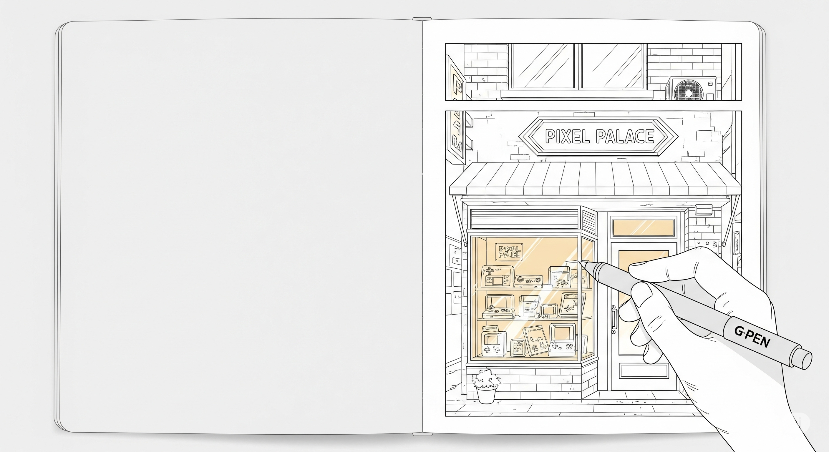 Hand sketching a storefront in a notebook, with retro consoles and game cartridges displayed in the window highlighted in warm tones.