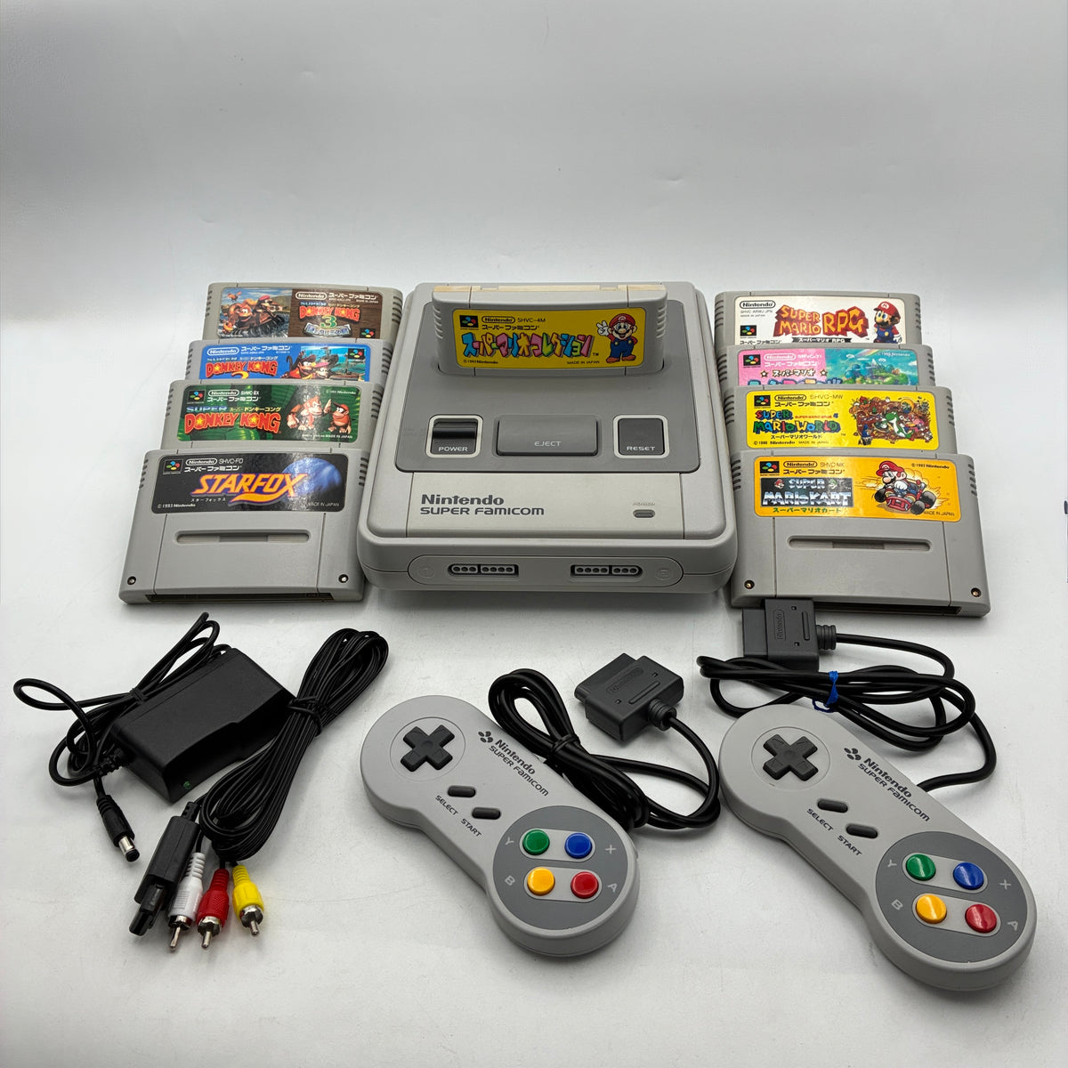 Super Famicom 9-game set with console, 2 controllers, AC adapter and AV cable